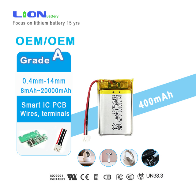 Customizable Wholesale Lp702030  300Mah 370Mah 400Mah 3.7V Small Lithium Polymer  1.48Wh Lipo Battery for Consumer Electronics