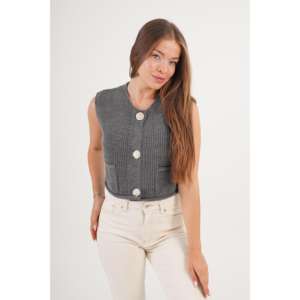 Gilet en tricot anthracite pour femme, sans manches, en laine, avec boutons dorés, doubles poches, vêtement d'extérieur - Product Image 6