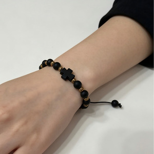 Black Frosted Stone <b>Bracelet</b> With <b>Gold</b> Copper <b>Beads</b> Cross Design Adjustable Unisex Religious Ceremonies Volcanic Rock Jewelry - Product Image 4