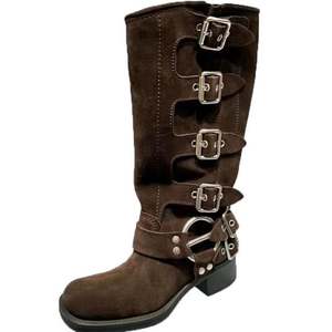 Women's Knee High Boots Side Zipper <strong>Motorcycle</strong> Boots Square Toe Chunky Low Heel Fashion Buckles Biker Riding Boots - Product Image 2