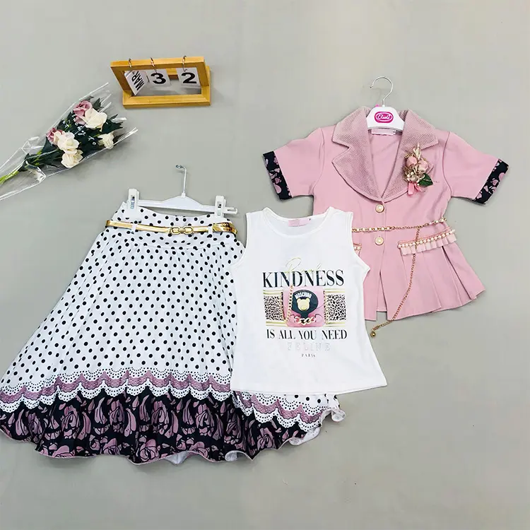 Elsali Short Sleeve Coat Vest Dot Long Skirt 3 Pieces Baby Clothing Sets Unique Design Flower Girls Clothing Sets With Belt