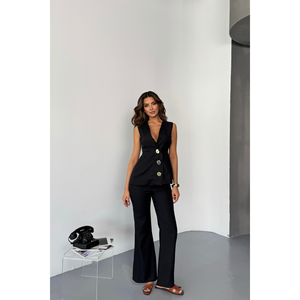 Ensemble gilet et pantalon en lin pour femme, boutons dorés, noir, coupe ajustée, hauts courts et longs, motif uni, pour l'hiver et l'automne - Product Image 6