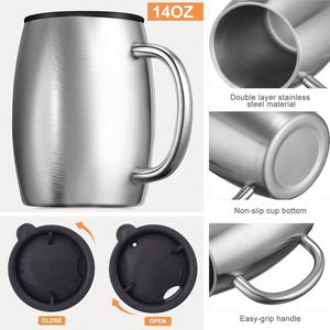 Custom logo 14oz Cold Drinks <b>Coffee</b> Cups With Spill Resistant Lid Strong Handle Stainless Steel Insulated Travel <b>Coffee</b> Mugs - Product Image 3