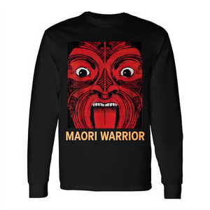 T-shirt a maniche lunghe da uomo con design tribale rosso da guerriero maori, abbigliamento casual da uomo - Product Image 2