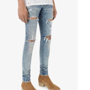 Jean en denim pour homme, coupe slim, délavé bleu, déchiré, taille mi-haute, doux et imperméable, de marque, haute qualité, style mode - Product Image 2