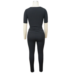 Abbigliamento da salotto estivo personalizzato abbigliamento da donna 2023 tinta unita a coste due pezzi Set da donna maniche corte pantaloni skinning - Product Image 4