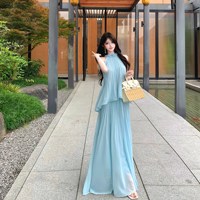 Haut en mousseline bleu OEM pour femme, style vacances d'été, jupe trapèze ample et amincissante