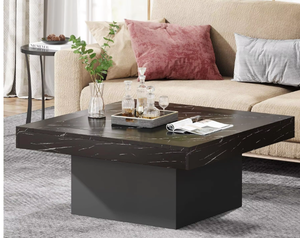 <span class=keywords><strong>Table</strong></span> basse carrée moderne convertible en bois d'ingénierie avec LED pour salon (Faux marbre noir+noir) - Product Image 3