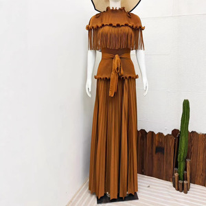 PY 2026 Summer Casual Miyake Eco-Friendly Pleated Midi Dress Fringe <b>Elastic</b> Waist Western Clothing Women Wholesale Bulk - Product Image 4