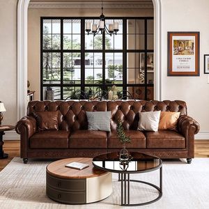 Set di Mobili in Legno Massello e Pelle in Stile Country Americano Retrò con 123 Combinazioni, Divano Chesterfield per Soggiorno con Imbottitura in Spugna - Product Image 6