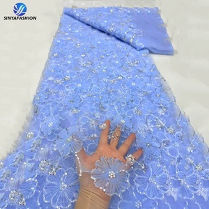 Tissu en dentelle africaine 3D Sinya de haute qualité avec fleurs, perles et sequins, 5 yards, en tulle <span class=keywords><strong>français</strong></span> pour robe de mariée Aso Ebi - Product Image 5