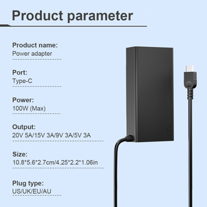 Chargeur USB-C PD 100W pour ordinateur portable, adaptateur secteur Type-C 20V 5A, alimentation de remplacement 20V 5A pour MacBook HP <span class=keywords><strong>Lenovo</strong></span> - Product Image 2