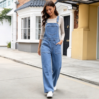 Salopette en jean pour femme, coupe droite et ample, bleu brume, avec boutons latéraux, style urbain