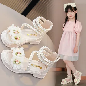 Design personnalisé enfants filles été fermeture éclair fleur sandales OEM usine mode princesse bride à la cheville plate avec perles sandales de fête