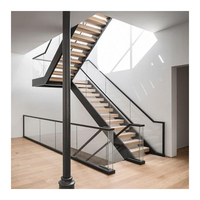 Escalier flottant moderne en bois massif et acier inoxydable pour hall intérieur avec garde-corps en verre, design droit à double poutre latérale