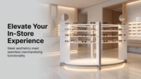 Kiosque d'exposition de lunettes personnalisé double face avec étagères incurvées en acrylique, base LED et miroir d'essayage pour boutique d'optique