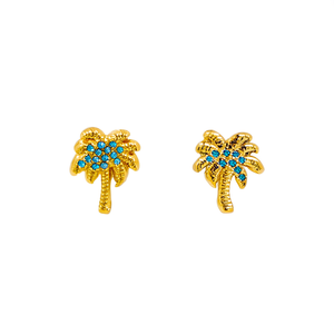 Fashion <b>Stud</b> <b>Earrings</b> 316L Stainless Steel PVD Gold Plating <b>Blue</b> CZ Palm Tree Design - Product Image 2