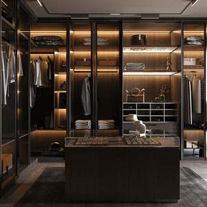 Placard moderne de luxe sur mesure en forme de L, dressing avec porte en verre, éclairage LED, placard de chambre à coucher - Product Image 1