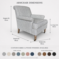 Fauteuil d'appoint en lin rayé avec accoudoirs enroulés, pieds en chêne massif et roulettes en laiton antique pour salon et hôtel