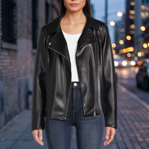 Veste en cuir PU noir pour femme, style moto, avec fermeture éclair, col rabattu, coupe classique, style automne - Product Image 3