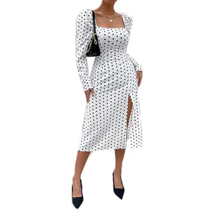 Custom Elegance Women Dot Printing Split Thigh Square Neck Midi Dress Long Sleeves Slim Fitted Dresses