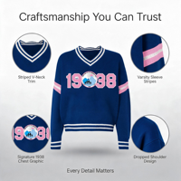 Pull-over en tricot personnalisé avec numéro graphique, col en V, bordure rayée, bleu royal et rose, OEM ODM, vente en gros de tricots