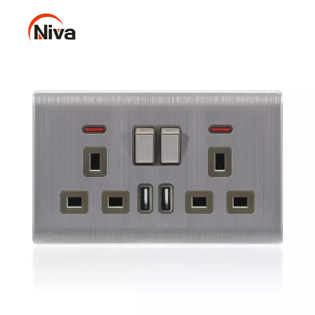 Stainless Surface British Sockets 2 Gang Uk 13a Flat 3 Pin Electrical Light Wall Switches Socket With Double Usb S11 Series