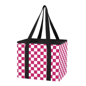 Custom Printed Pink Plaid Picnic Travel Storage Box Shopping Tote <b>Bag</b> Heavy Duty <b>Reusable</b> Grocery <b>Bag</b> with Durable Handles - Product Image 1
