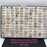 xuping 120 styles de bagues en pierres précieuses mélangées, plaquées or 14K, bagues empilables multi-formes avec strass, bijoux fantaisie en gros, pack aléatoire