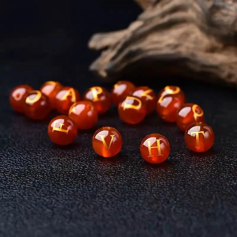 Wholesale 8mm natural stone red black carnelian gilding carving 26 letters crystal agate loose beads for DIY Jewelry Making