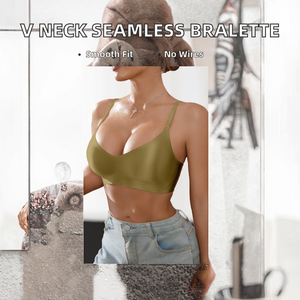 Bralette con cuello en V, sin aros, transpirable, acolchado, sin costuras, sin copas, efecto push-up, antideslizante, invisible, sin aros de acero - Product Image 2