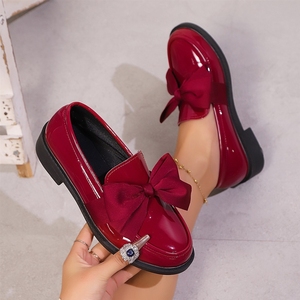 Fashionable Women's Slip on Footwear 2025 - Light Olive Patent Leather Bow Decor Block <b>Heel</b> Loafers for Daily Wear - Product Image 2