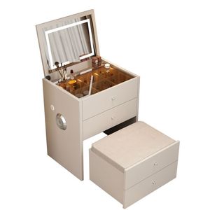 Modern Flip Top Dressing Table With <b>Lighted</b> Mirror Integrated Storage Bedroom <b>Vanity</b> Creamy Style - Product Image 5