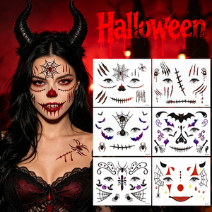Autocollants de <span class=keywords><strong>tatouage</strong></span> temporaire pour le visage, thème Halloween effrayant et sexy, avec motifs de coupures sanglantes, toile d'araignée et crocs de vampire, en papier pour maquillage. - Product Image 1