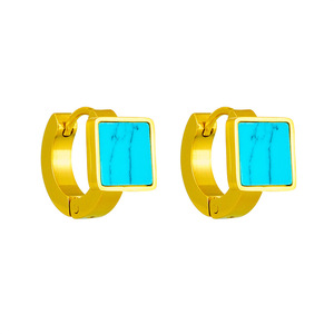 Geometric Square Turquoise Huggie Earrings Gold Stainless Steel Bezel Setting Fashion Stud Earrings - Product Image 5