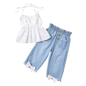 1 pz Logo personalizzato RTS estate bambini Toddler Girls abbigliamento occhiello peplo Tie Up tunica Top Denim Pant Set di vestiti per bambini