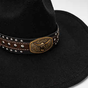 Chapeau de <span class=keywords><strong>cowboy</strong></span> western vintage avec bandeau en cuir à rivets tête de taureau, chapeau rétro en feutre à large bord pour la <span class=keywords><strong>musique</strong></span> <span class=keywords><strong>country</strong></span> et les fêtes - Product Image 3