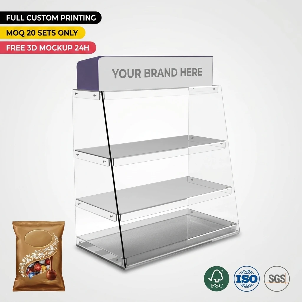 Wholesale Custom Clear Acrylic Chocolate Display Stand Tiered Countertop Confectionery Merchandiser Bakery Pastry Stand Pharmacy — view 1