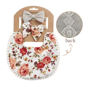 Fashion Latest Design Bibs Tie Back Reversible Baby Floral Printed Bib And Floral Headband Set