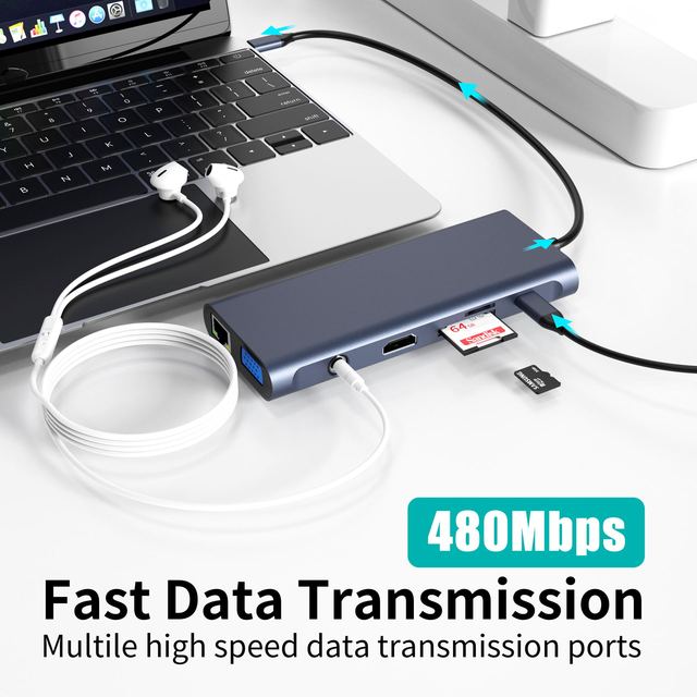 Custom 12 In 1 Type C Hub Docking Station Dual SD TF USB 3.1 USB C 10Gbps PD 100W RJ45 3.5mm Audio Adapter For Computer