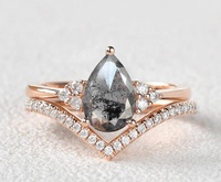 Ensemble de bagues en diamant sel et poivre naturel en forme de larme en argent sterling 925 plaqué or jaune