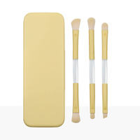 Kuas rias mata krem putih kuning, 2 dalam 1 3 buah Set kuas Detail mata Vegan profesional dengan cermin dalam kotak