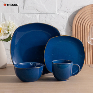 Service de table de luxe en grès réactif émaillé bleu profond, 16 pièces, comprenant des bols et des assiettes en céramique - Product Image 6