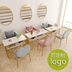Table à ongles double couche de style nordique, chaise simple et moderne en marbre avec finition dorée en fer forgé pour spa à ongles double personne - Product Image 3