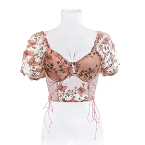 Lace corset Bodice Sexy mesh bra bodice Beautifully embroidered floral vest top Side waist lace-up top