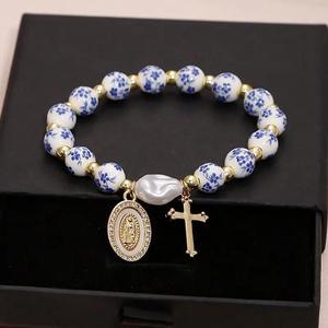 Braccialetto Rosario con Perle in Porcellana Blu e Bianca, Croce della Vergine Maria, Gioielli Religiosi per Preghiera - Product Image 3