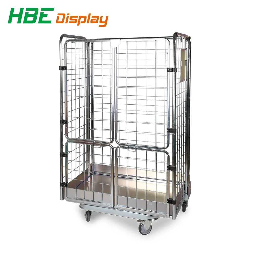 High Quality Warehouse Safety Supermarket Cargo Storage Steel Zinc Wire Mesh Roll Cage Pallet Trolley