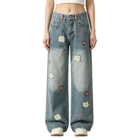 Jean en denim délavé style mignon pour femme, coupe large, taille haute, broderie ours, cœur et nœud, effet délavé