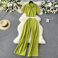 Ensemble chemise courte à manches courtes décontractée pour femme et pantalon large à taille haute pour le printemps et l'été