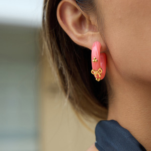 Hoop Earrings Resin Coral Color Gold Bowknot Design Stainless Steel Post Fashion Jewelry - Product Image 3